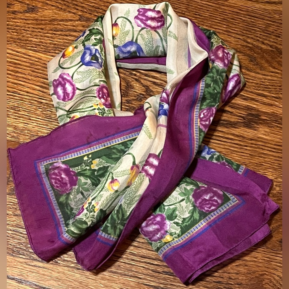 Floral Print Square Scarf in Purple, Yellow, Blue - Picture 2 of 5